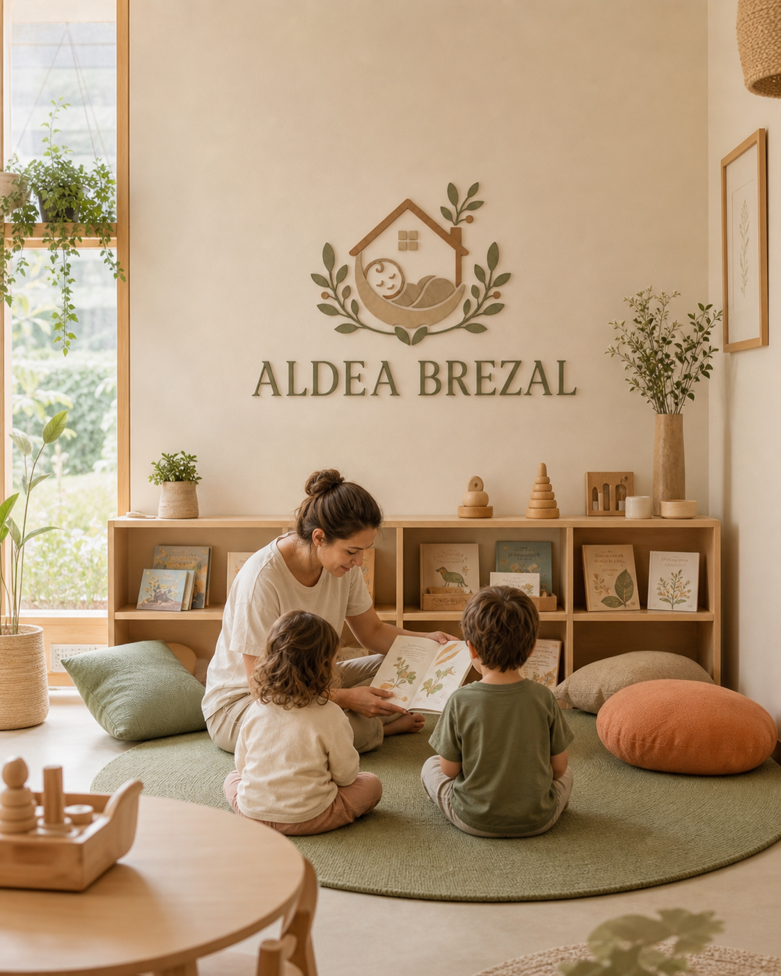 Rincón de lectura de Aldea Brezal con una educadora y dos niños